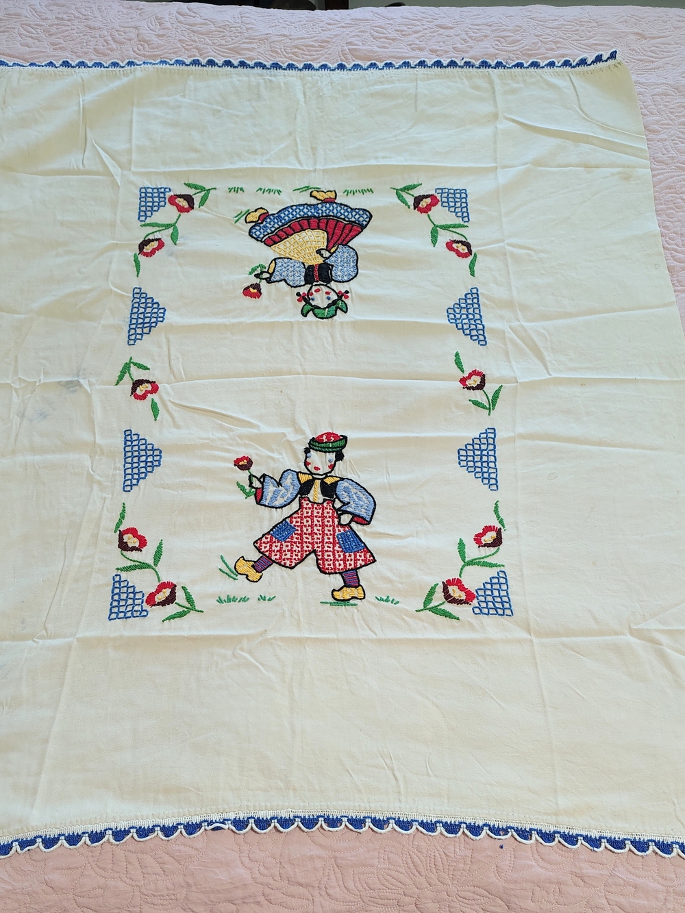 Vintage Dutch Tablecloth Cross-Stitch / Embroidery Holland Tulips Children